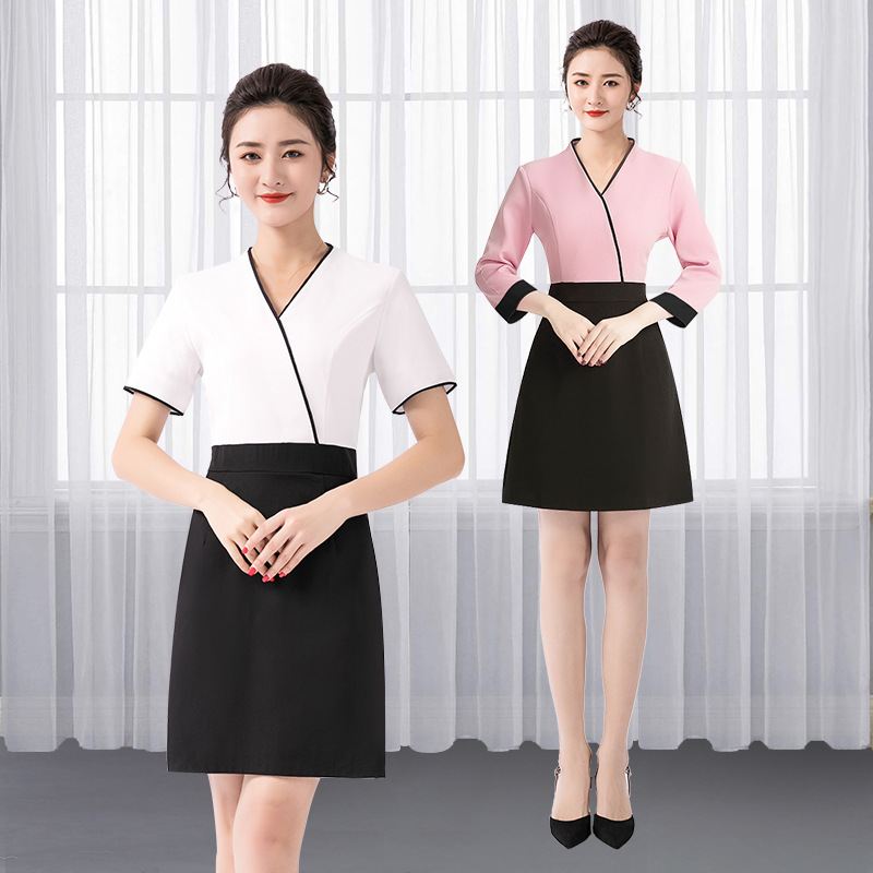 新款美容院足浴足疗店采耳按摩桑拿技师工作服女时尚V领连衣裙