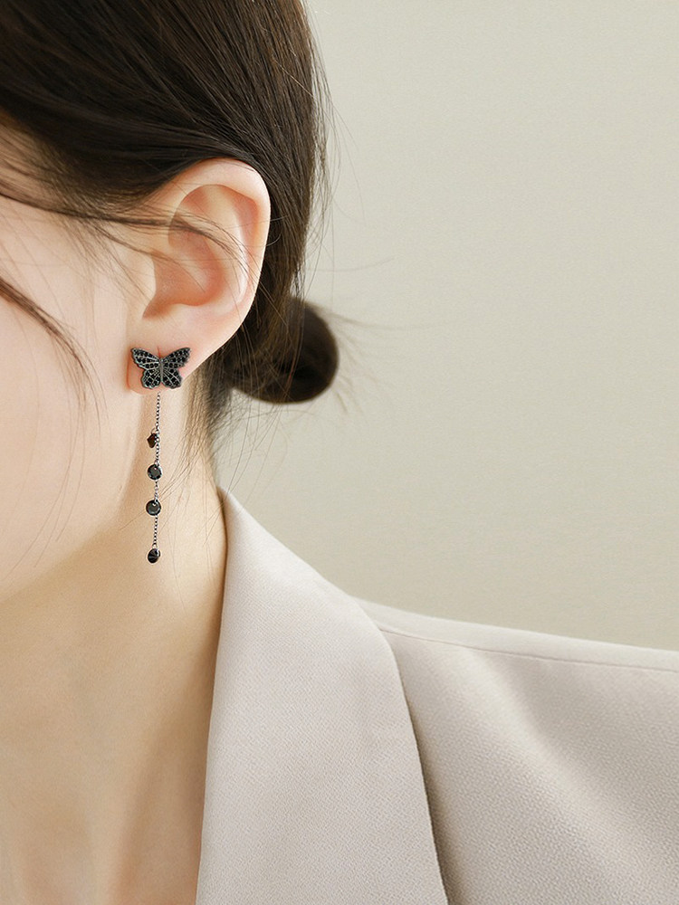 轻奢密钻原创个性气质黑色蝴蝶流苏耳钉耳环酷飒日韩冷淡风女耳饰