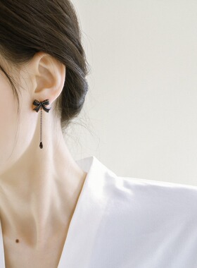 高级感密镶锆石黑色蝴蝶结水滴耳环复古优雅神秘气质流苏耳饰百搭