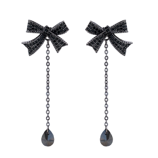 高级感密镶锆石黑色蝴蝶结水滴耳环复古优雅神秘气质流苏耳饰百搭