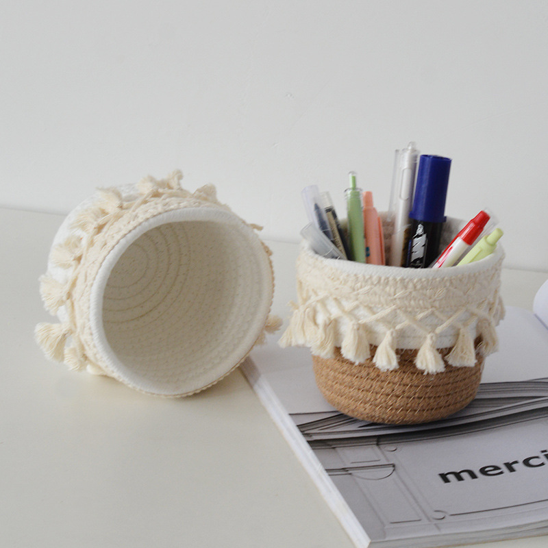 ins风编织化妆刷桶笔筒制置物筐手工棉绳家用桌面杂物整理收纳篮
