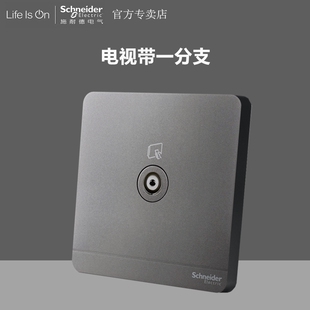 施耐德绎尚荧光灰电视带一分支单联屏蔽罩一进一出电视插座星空灰