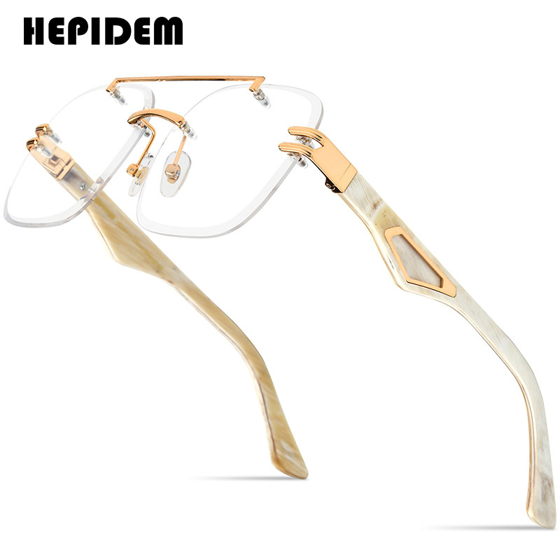 海皮登白牛角眼镜架男女高级天然黑角卡家无框近视光学眼睛眼镜框