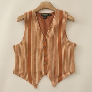 上衣女 针织背心条纹短款 100%羊毛英伦复古西装 马甲高级感V领无袖