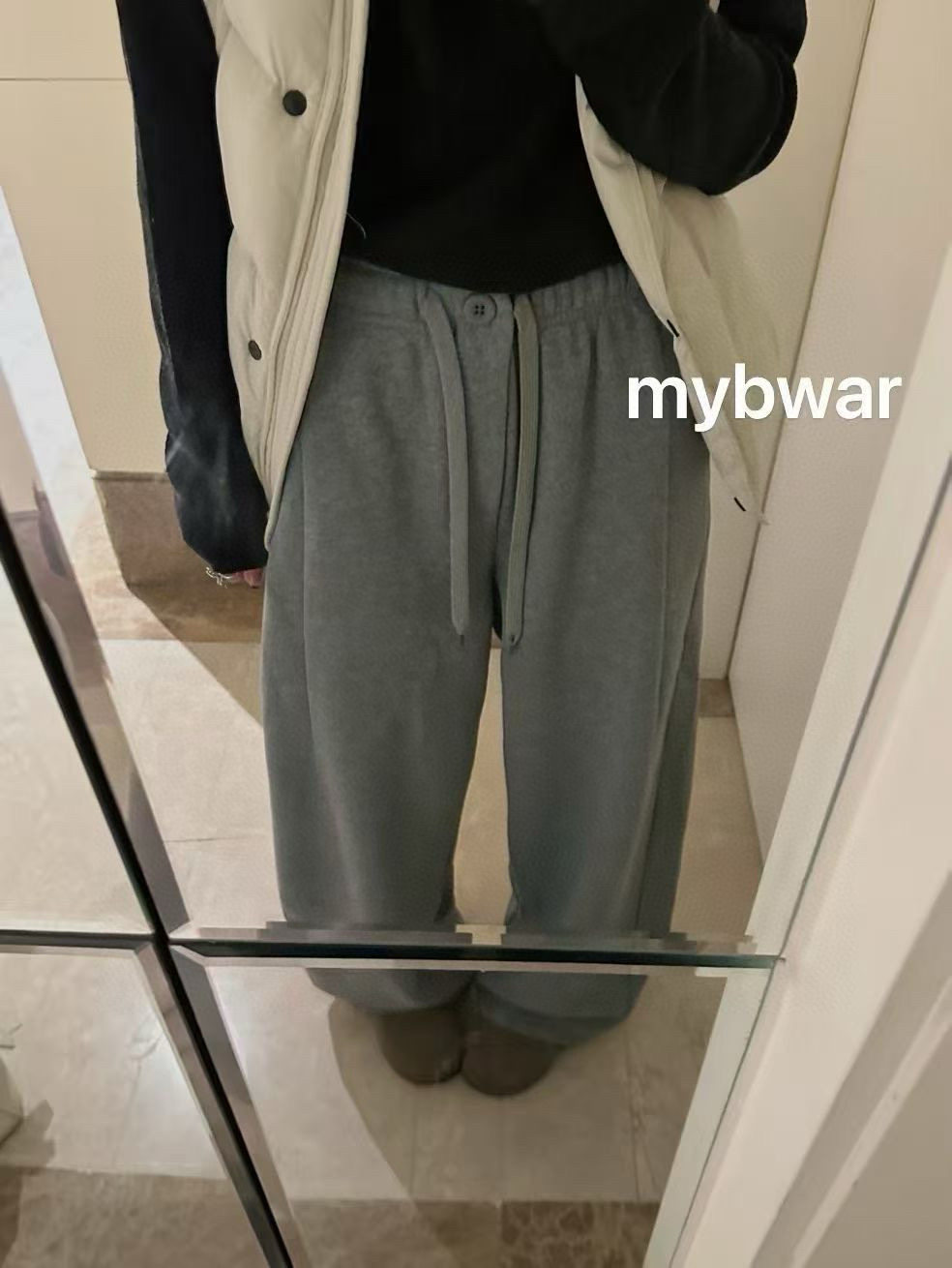 QBs秋冬新款韩版宽松显瘦百搭休闲裤女高腰一粒扣直筒阔腿卫裤