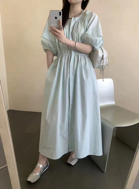 特价188Aboutmoon月亮家夏款韩代女收腰连衣裙泡泡袖显瘦匹马棉薄
