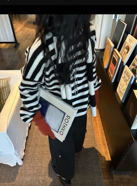 Plant Ale韩代条纹带围巾毛衣女秋冬新款宽松慵懒风针织衫上衣