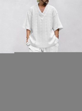2024休闲提花套装男宽松短袖t恤短裤V领运动套装两件套男