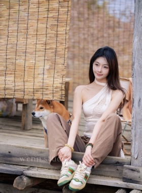 【现货】醋酸面料 光泽感 性感镂空蕾丝斜肩飘带背心上衣