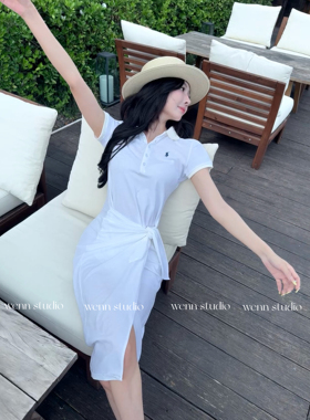 wenn studio老钱风 小马刺绣 长款绑带polo修身连衣裙