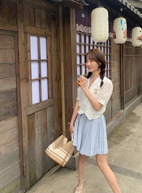 现货夏日倾情泰妹学院风rixo棕榈树刺绣翻领泡泡袖衬衣百褶裙套装