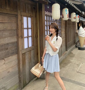 现货夏日倾情泰妹学院风rixo棕榈树刺绣翻领泡泡袖 衬衣百褶裙套装