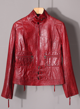 1佩妮美丽 郭系列春秋长袖显瘦修身拉链夹克红色短款皮衣01426A
