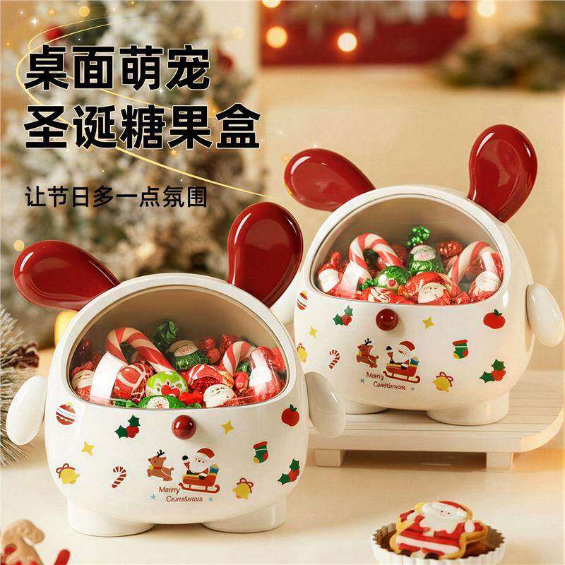 桌面可爱萌宠圣诞糖果盒卡通摆件防尘翻盖卧室头绳发绳首饰收纳盒