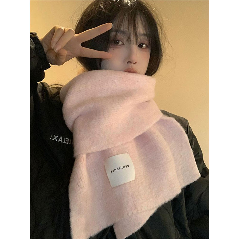 含羊毛粉色毛线小围巾女冬季韩系小巧氛围感情侣保暖护颈针织围脖