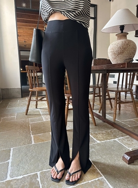 摩登mdeng197高腰显瘦开叉休闲裤女2025夏季薄料修身微喇裤61321A