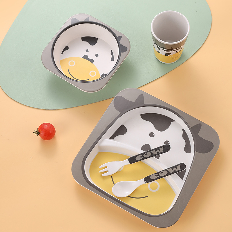 竹纤维儿童餐具套装 创意卡通碗分格餐盘勺叉杯子五件套礼品餐具