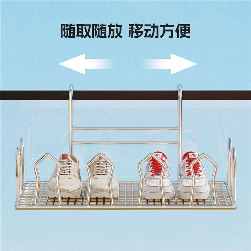 A sandal shelf outside the balcony with a pair of sock-tied