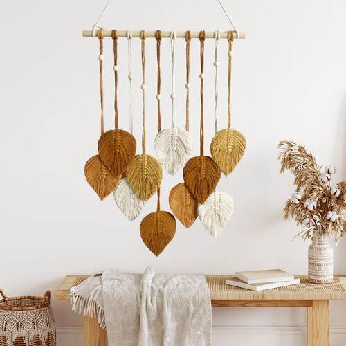 A Nordic leaf tapestry, hand-worn wooden beads, bed-side bac