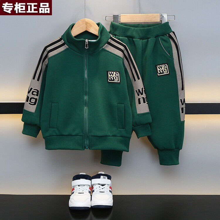 韩国AS品牌男童休闲运动开衫织带加绒加厚套装秋冬装中小儿童拉链