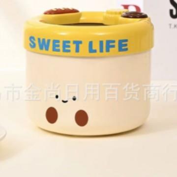 Cute and mini cream-colored desktop storage bucket with a li