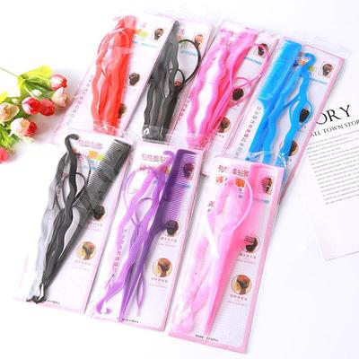 Four-piece hair styling set including a bun maker, hair thre