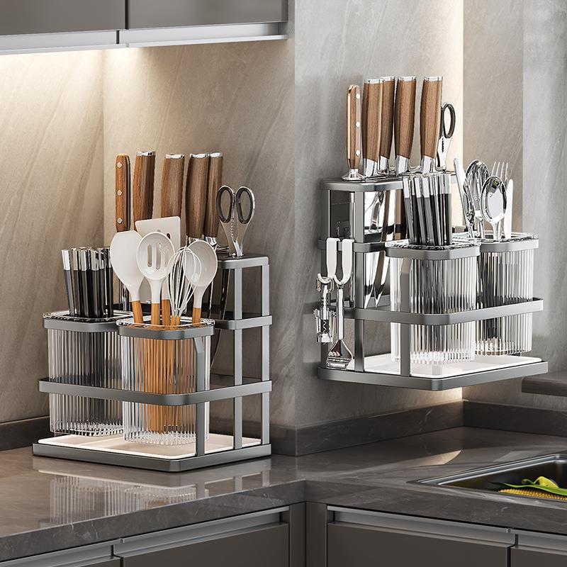 Wall-Mounted Kitchen Storage Rack with Drip Tray and Chopsti