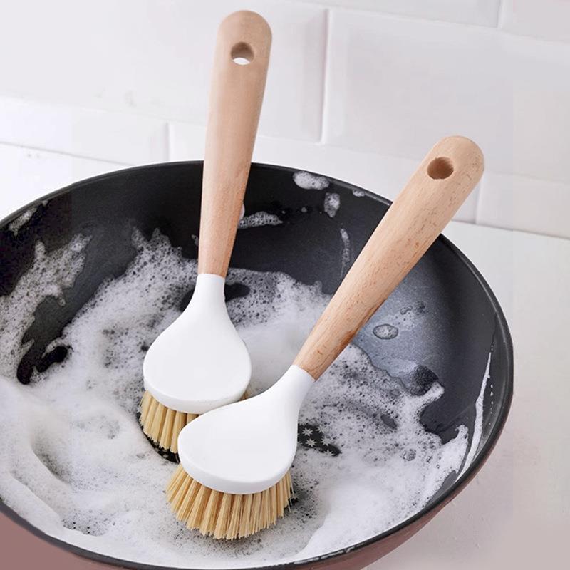 Wooden Pot Scrub Brush with Long Handle, Multi-functional Ki