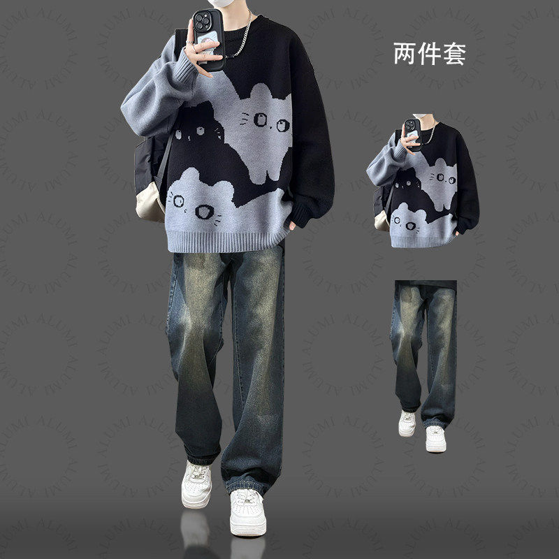 男春秋猫咪提花毛衣牛仔裤两件套