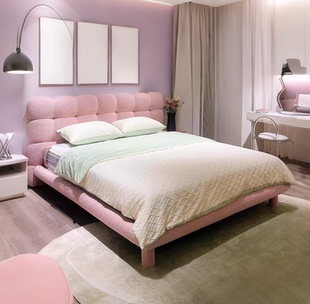 泡泡床法式奶油风少女粉色公主床设计师家用主卧羊羔绒布艺双人床