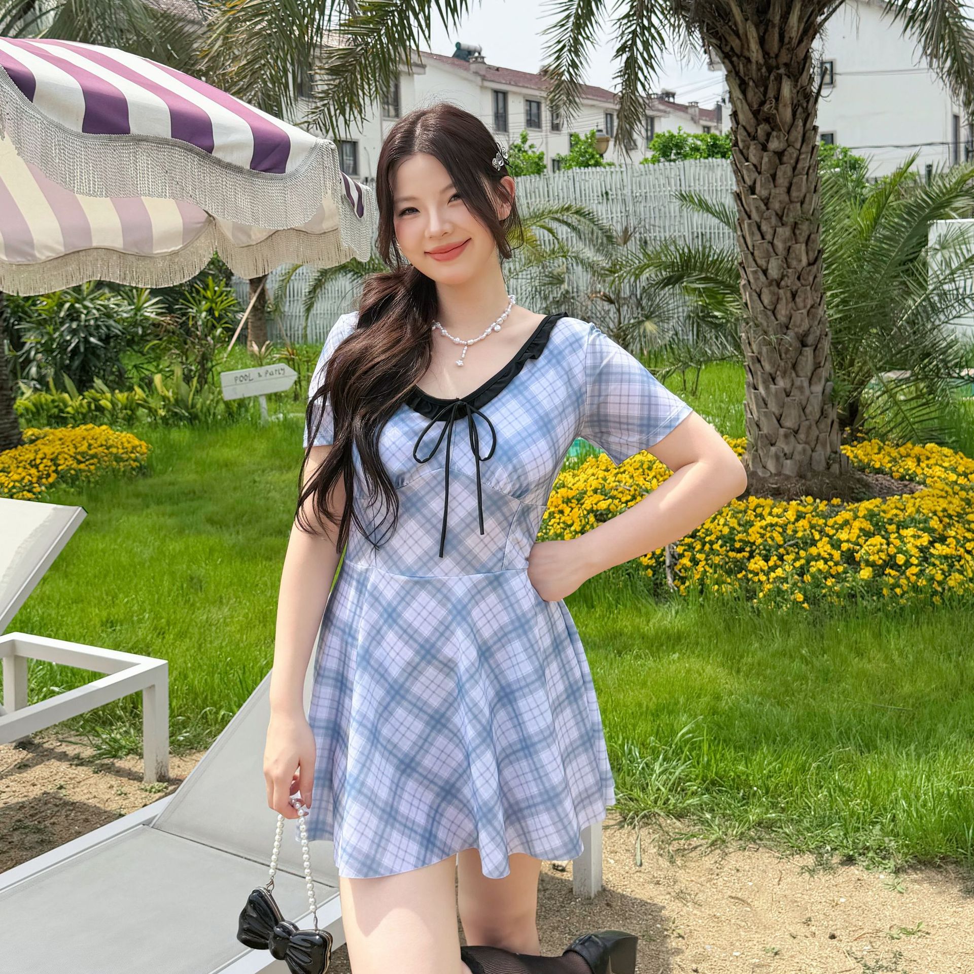 大码格子胖mm显瘦裙式连体泳衣女