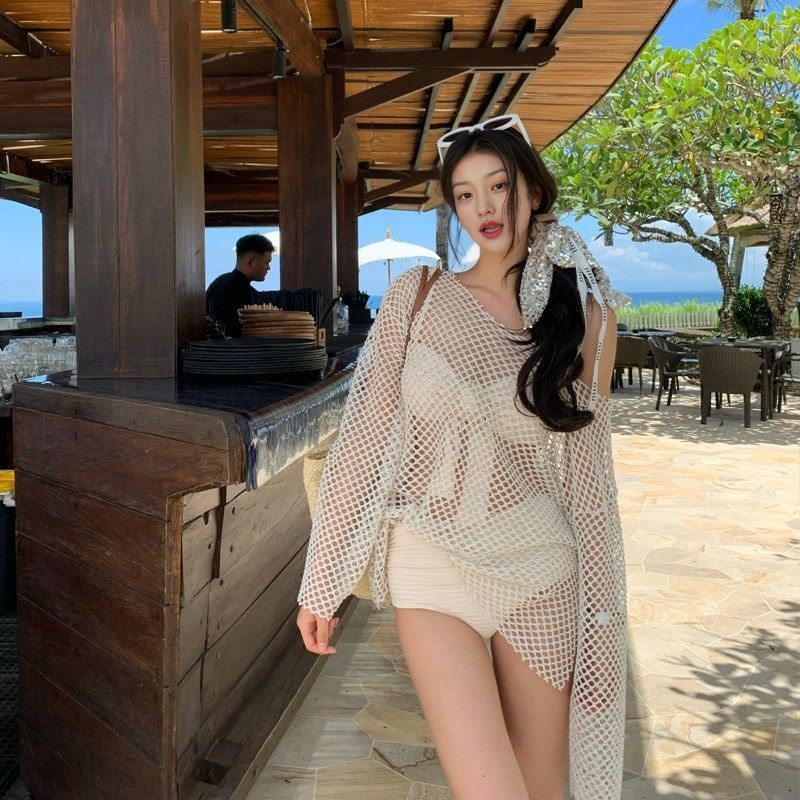 防晒长袖罩衫渔网三件套泳衣女