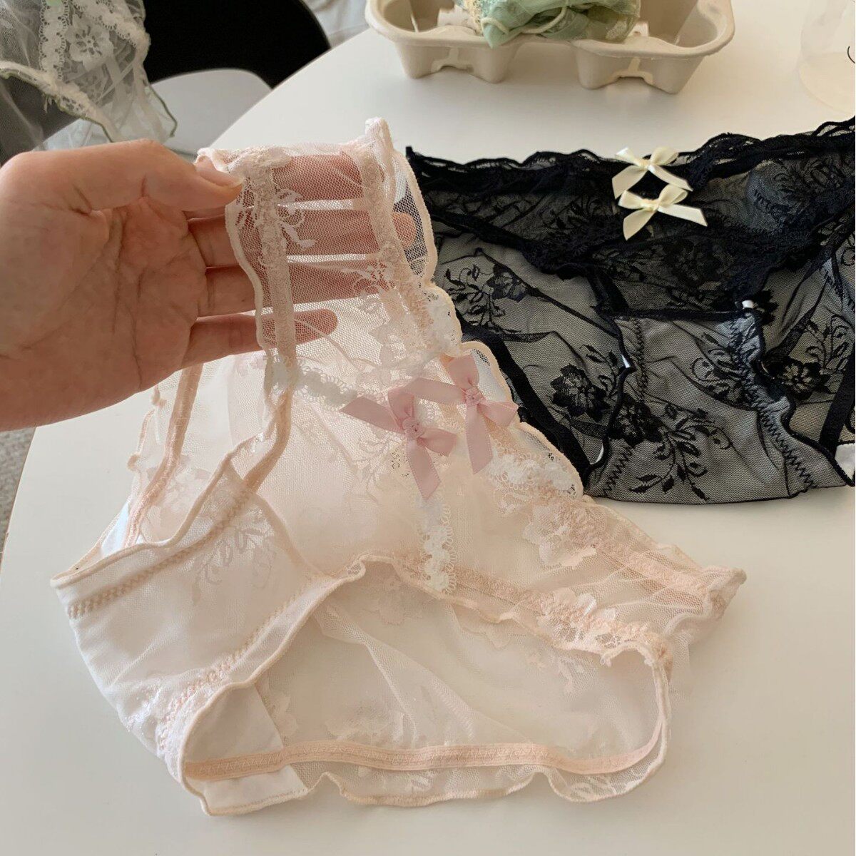 低腰透明蕾丝蝴蝶结纯棉档三角裤