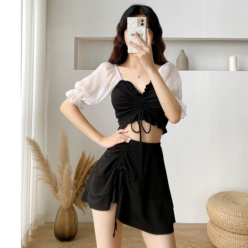 分体裙式平角泳衣女保守显瘦学生小胸聚拢韩版小清新泡温泉游泳装