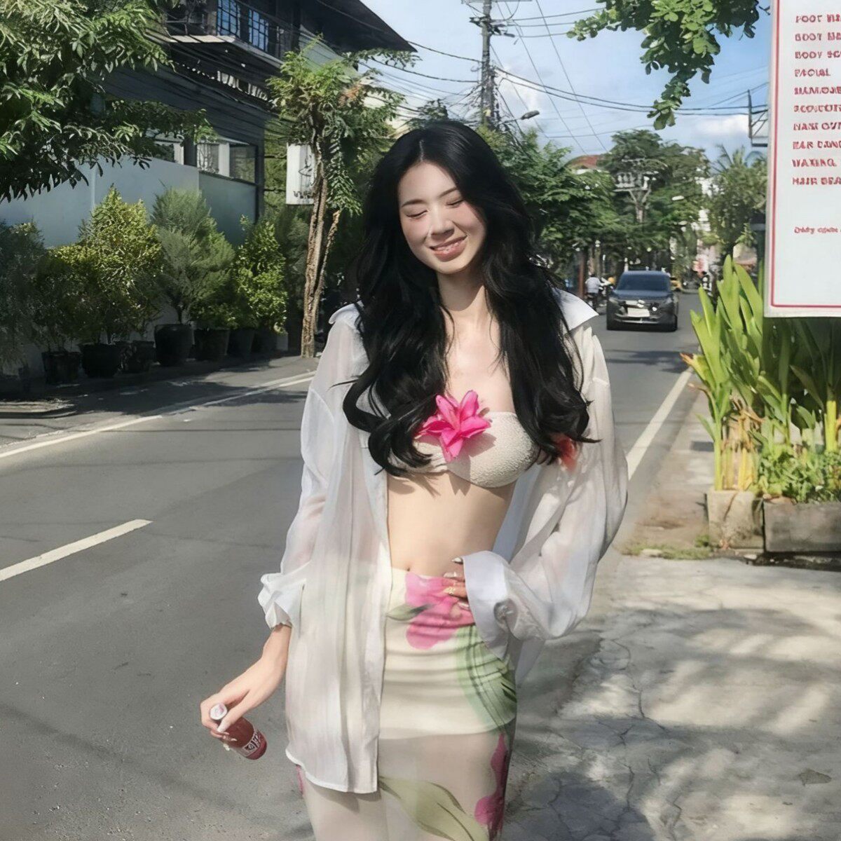 夏日多巴胺海边度假风穿搭绝美小裙套装立体花朵抹胸上衣女半身裙