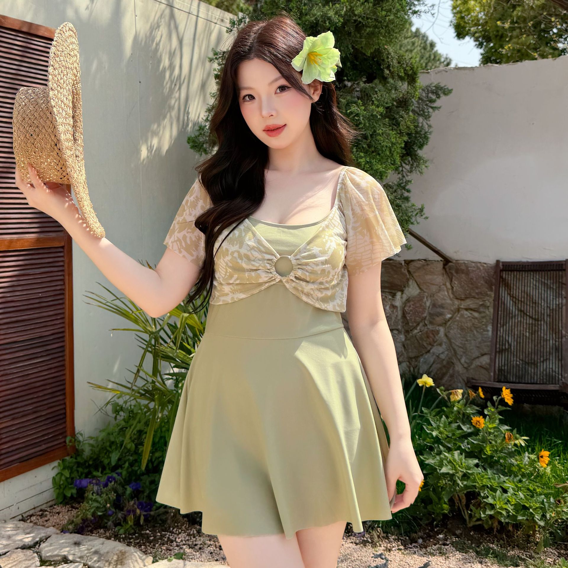 胖mm甜美显瘦遮肉连体裙式泳衣女