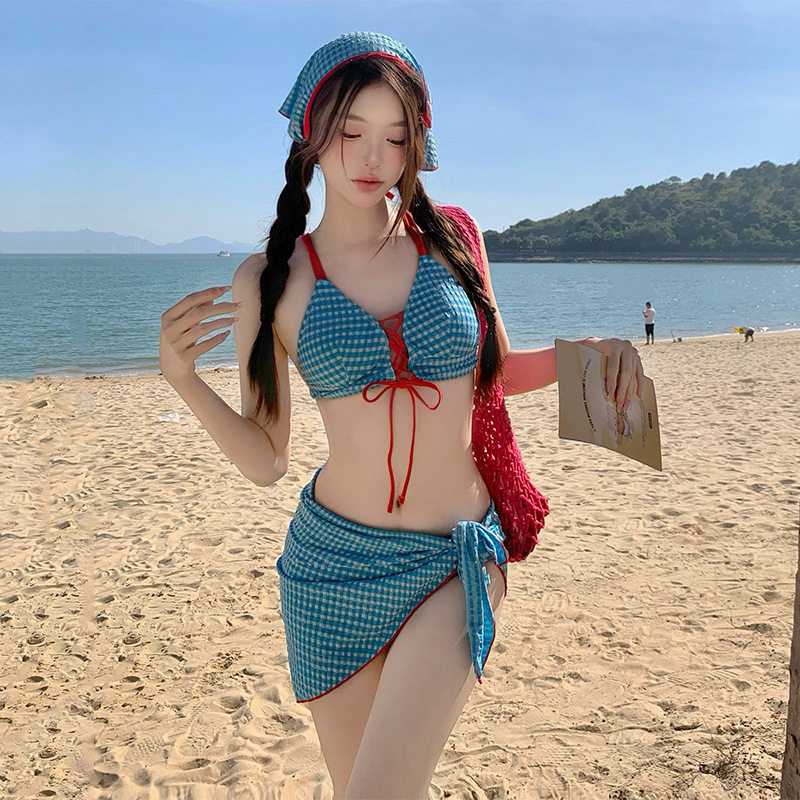 复古格子比基尼头巾套装显白