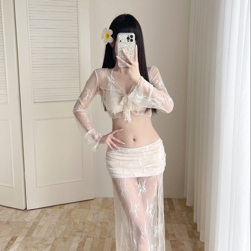 比基尼泳衣分体四件套纯欲风修身长袖长裙蕾丝甜美泳装泡温泉泳装