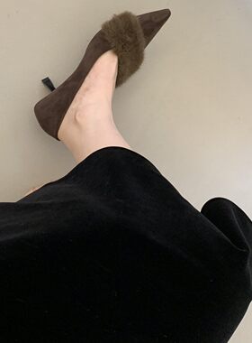尖头细跟玛丽珍单鞋女浅口配裙子舒适加绒保暖性感欧美绒面毛毛鞋