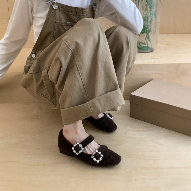 法式灰色水钻加绒单鞋女2025冬季新款保暖毛毛鞋玛丽珍晚晚鞋
