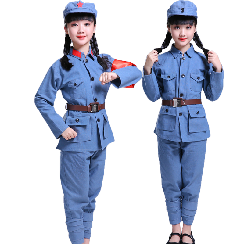 儿童红军八路军演出服男女抗战舞台表演衣服棉麻新四军八路军军装