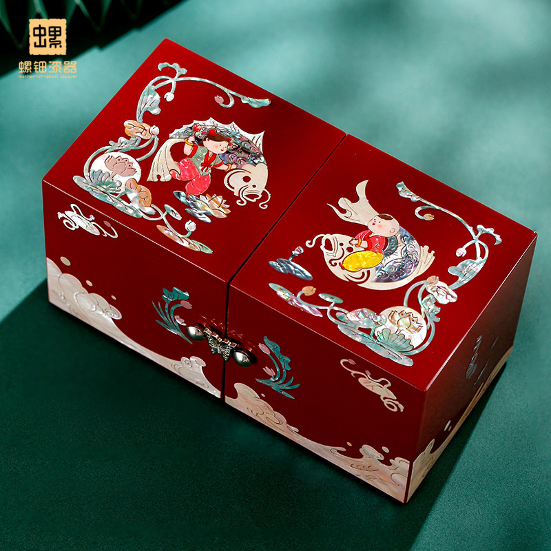 螺钿漆器高档首饰盒金童抱鲤公主结婚礼物三金陪嫁首饰礼盒收纳盒