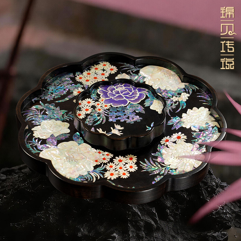 螺钿漆器果盘家用客厅茶几水果盘高档装饰果篓糕点盘茶盘托盘摆件图片