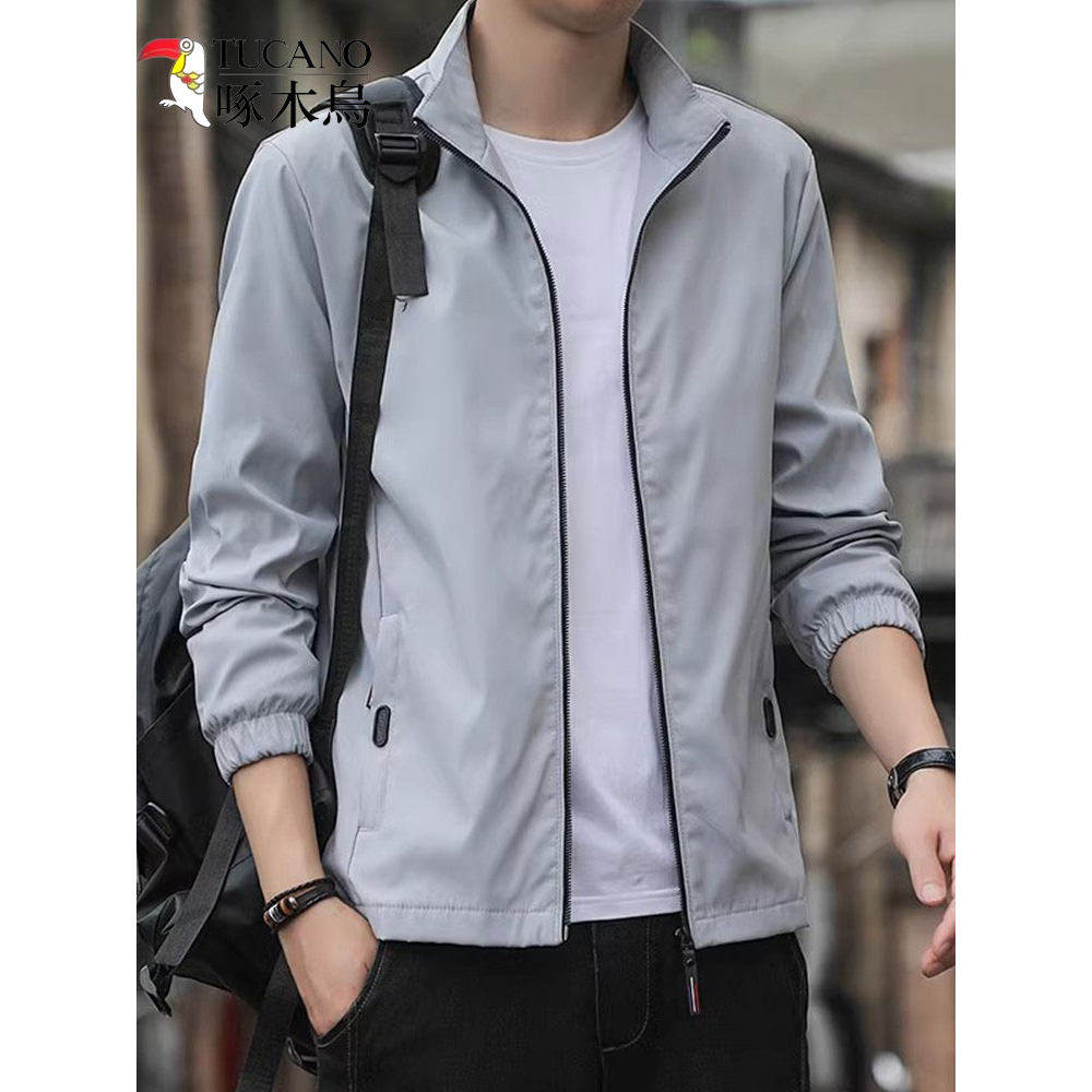 啄木鸟春秋季外套男士薄款纯色立领修身休闲夹克灰色上衣青年褂子