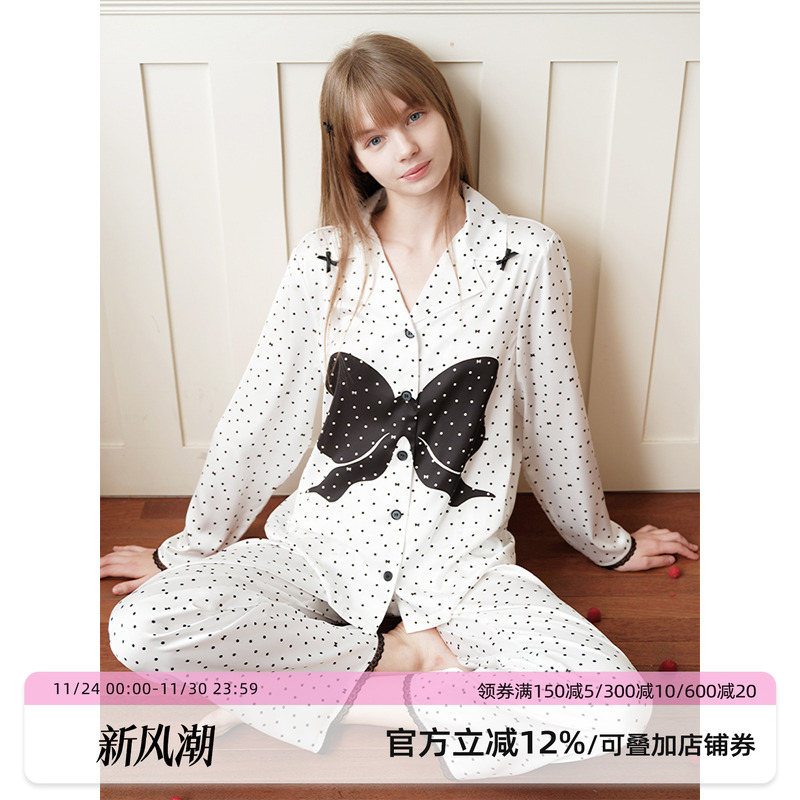 汝曼司女冰丝波点蝴蝶结蕾丝睡衣