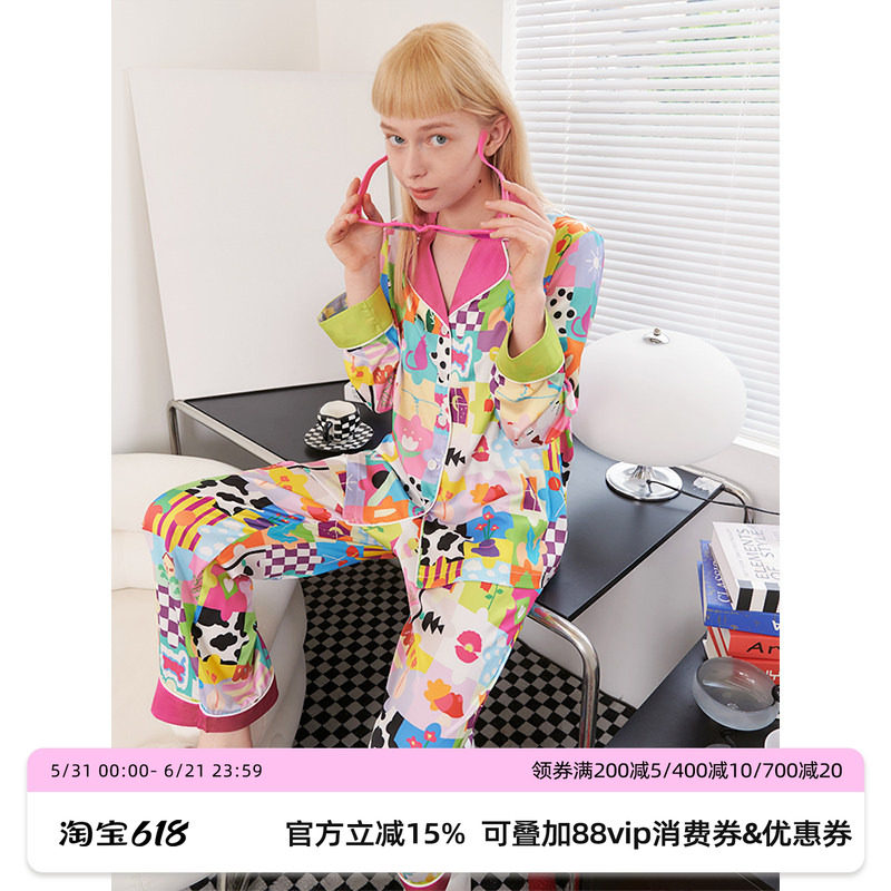 田曦薇同款RooMance汝曼司卡通印花冰丝睡衣女款夏家居服两件套装