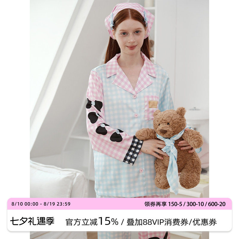 汝曼司女粉蓝甜格蝴蝶结印花睡衣