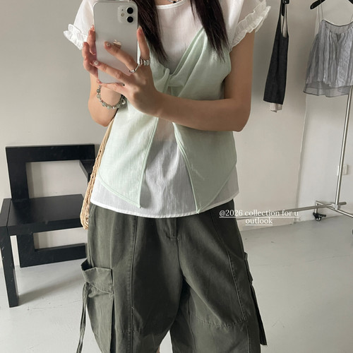 OUTLOOK-26年夏上新小众设计花边袖假两件扭结小衫OK67026