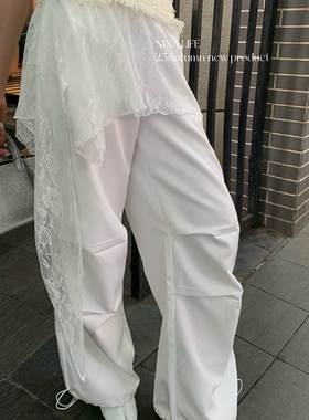NINA LIFE-秋上新蕾丝百搭松紧腰抽绳直筒休闲裤61625
