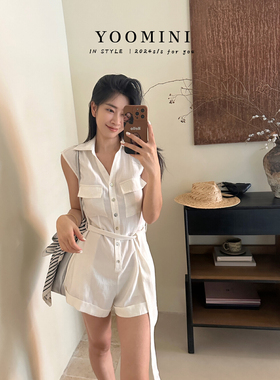 YOOMINI夏季新款韩版休闲衬衫阔腿收腰连体裤配腰带Y10171